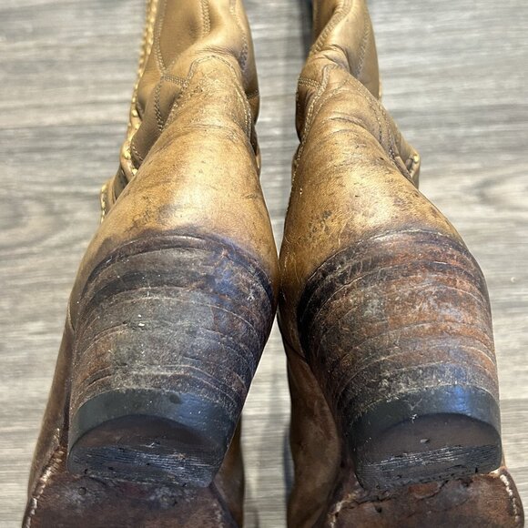 Vintage Dan Post Size 6 C Cowboy Knee Boots Made in Spain Tan Braided 4115 - Picture 11 of 16